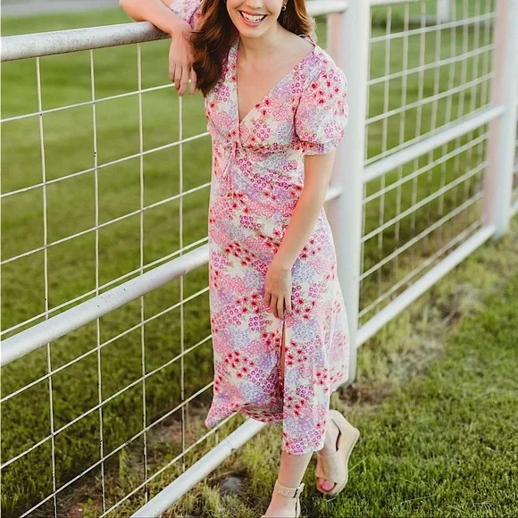 SO Fit and Flair Floral Cottagecore Dress With Slit Puff Sleeves Women’s Size S - Picture 3 of 14